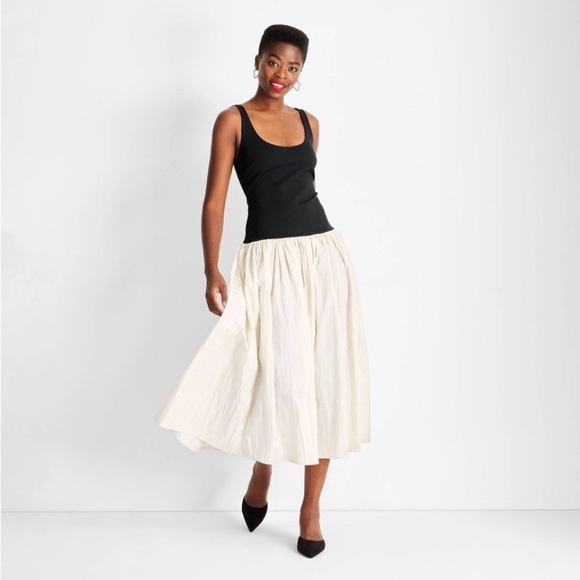 Sleeveless Contrasting Knit Ankle Dress Future Collective NWT Black Cream - Picture 2 of 8